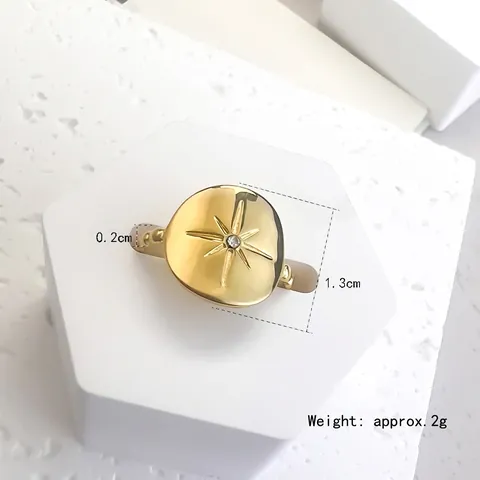 Compass Star Stainless Steel Adjustable Ring Sun Flower Engraved Zircon Gold Plated Vintage Jewelry For Women