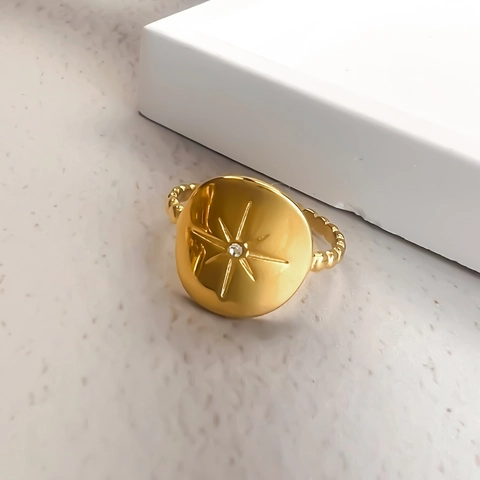 Compass Star Stainless Steel Adjustable Ring Sun Flower Engraved Zircon Gold Plated Vintage Jewelry For Women