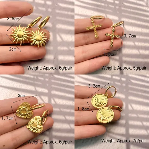 Orecchini A Cerchio In Acciaio Inossidabile Placcato Oro Vintage Con Ciondolo Sole Cuore Croce Moneta Rotonda Per Donna Stile Francese