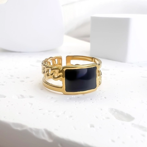 Stainless Steel 18K Gold Plated Adjustable Ring Women Black Rectangular Enamel Hollow Chain Minimalist Vintage Jewelry