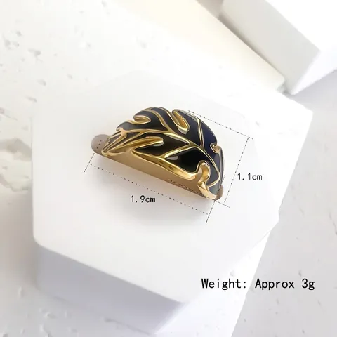 Monstera Leaf Open Ring Stainless Steel Gold Plated Black Enamel Palm Leaf Adjustable Fashion Jewelry For Women