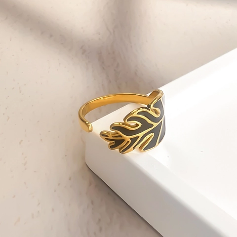 Monstera Leaf Open Ring Stainless Steel Gold Plated Black Enamel Palm Leaf Adjustable Fashion Jewelry For Women