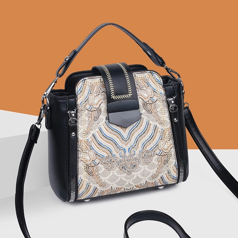 Women Handbag PU Leather Ethnic Style Embroidery Vintage Crossbody Bag Top Handle Adjustable Strap Fashion Square