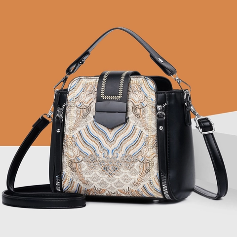 Women Handbag PU Leather Ethnic Style Embroidery Vintage Crossbody Bag Top Handle Adjustable Strap Fashion Square