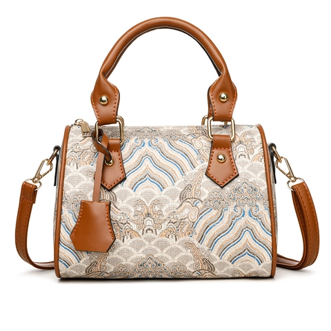 Women's Vintage Chinese Style Boston Bag Large Capacity Embroidery Jacquard Fabric Handbag With Brown Leather Handle Strap
