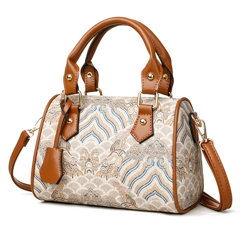 Women's Vintage Chinese Style Boston Bag Large Capacity Embroidery Jacquard Fabric Handbag With Brown Leather Handle Strap