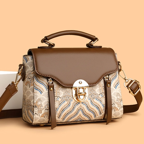 Vintage Jacquard Handtasche Damen Umhängetasche PU Leder Traditionelles Wolkenmuster Griff Metallschloss Urban Einfach