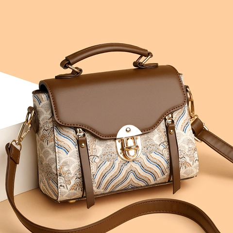 Vintage Jacquard Handtasche Damen Umhängetasche PU Leder Traditionelles Wolkenmuster Griff Metallschloss Urban Einfach