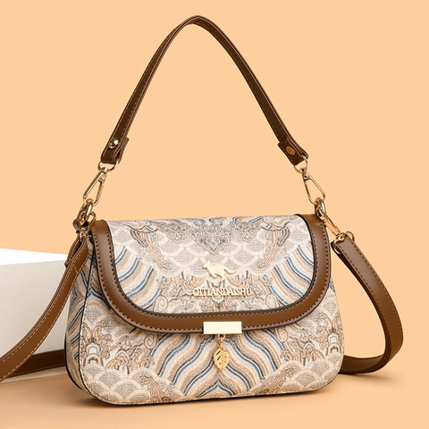 Bolso Bandolera Retro Jacquard Mujer Étnico Patrón Olas Bordado Cuero PU Solapa Bolso Hombro Con Colgante Hoja Metal