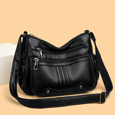 Sac Bandoulière Pour Femmes Multi-Poches Cuir PU Texture Litchi Grande Capacité Sac À Épaule Bandoulière Réglable