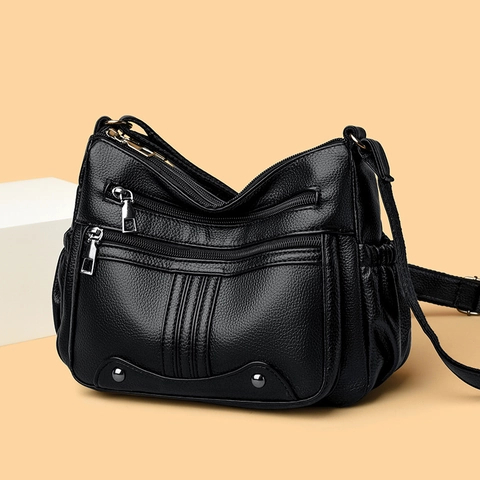 Sac Bandoulière Pour Femmes Multi-Poches Cuir PU Texture Litchi Grande Capacité Sac À Épaule Bandoulière Réglable