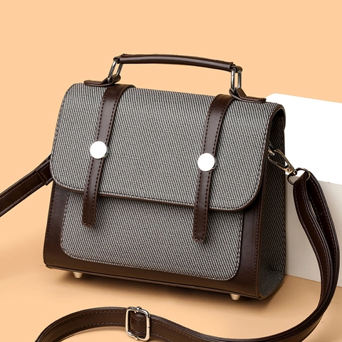 Borsa a Mano da Donna in Stile Vintage Preppy Pelle PU Tessuto Borsa a Tracolla Con Fibbia Argento Per Ufficio Quotidiano