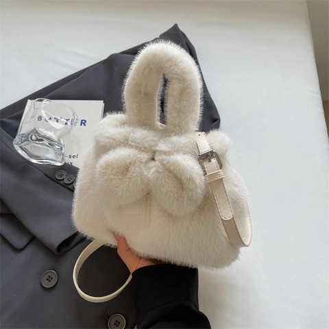 Plush Handbag Faux Fur Crossbody Bag With Bow Decor Adjustable PU Leather Strap Autumn Winter For Women