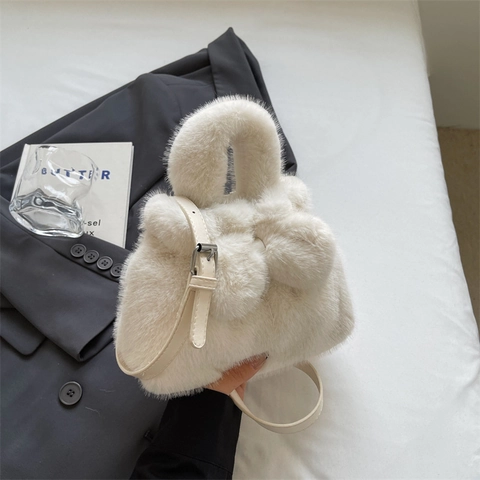 Plush Handbag Faux Fur Crossbody Bag With Bow Decor Adjustable PU Leather Strap Autumn Winter For Women