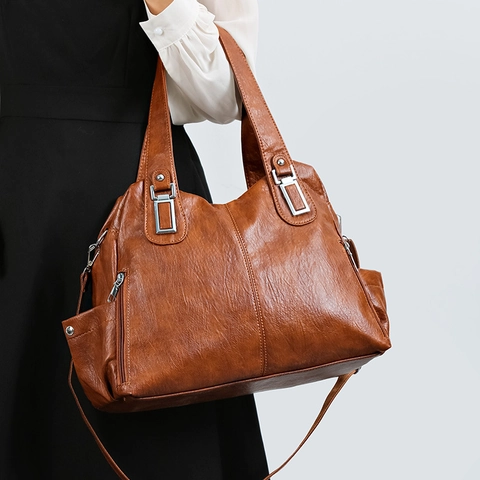 Grand Sac Fourre-Tout en Cuir PU pour Femmes Motif Litchi Rétro Sac à Main Bandoulière Avec Sangle Réglable pour le Travail Quotidien