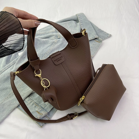 Bolso Tipo Cubo De Cuero PU Para Mujer Con Diseño De Lichi Y Bolsa Pequeña Correa Ajustable Colgante De Elefante Bolso Casual