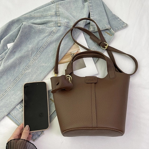 Bolso Tipo Cubo De Cuero PU Para Mujer Con Diseño De Lichi Y Bolsa Pequeña Correa Ajustable Colgante De Elefante Bolso Casual
