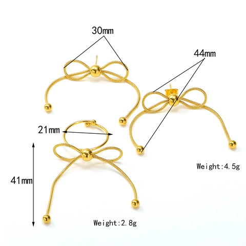 Titanium Steel Bowknot Snake Bone Chain Tassel Earrings And Adjustable Ring Jewelry Collection For Women Elegant Polished Beads Design