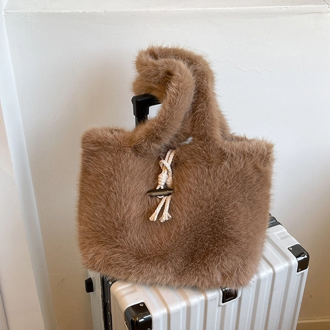 Borsa Tote In Pelliccia Sintetica Grande Capacità Borsa A Mano In Peluche Da Donna Autunno Inverno Morbida Versatile Con Decorazione In Fibbia Di Corno