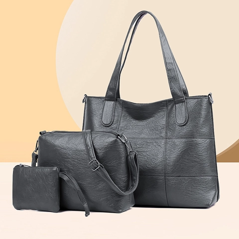 Women Tote Bag Set PU Leather Large Capacity Grid Stitching Shoulder Bag Handbag Crossbody Bag For Daily Commuting