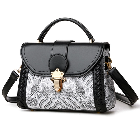 Bolso de Mano de Estilo Étnico para Mujer Color de Contraste Patrón de Olas Cuero PU Bolso Bandolera Correa Ajustable Vintage