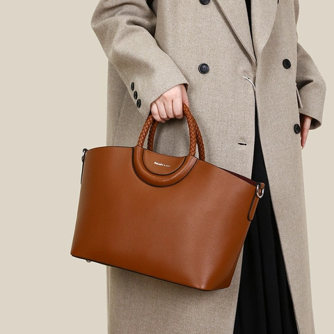 Women Tote And Clutch Bag Litchi Texture PU Leather Large Capacity Woven Handle Fashion Commuting Elegant