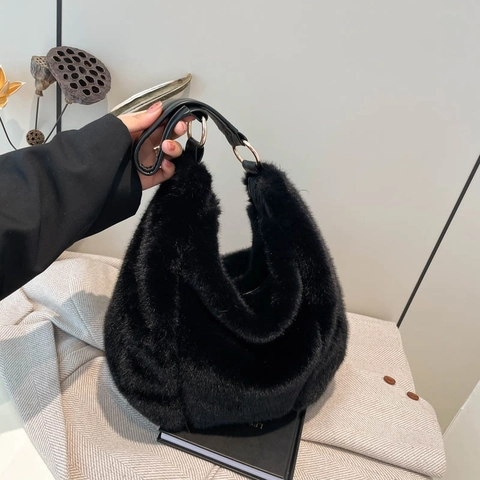 Women Faux Fur Hobo Bag Large Capacity Plush Shoulder Tote Handbag With PU Leather Handle For Autumn Winter Chic