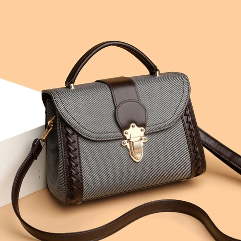 Sac À Main Rétro Femmes PU Cuir Twill Tissu Patchwork Sac À Épaule Bandoulière Avec Poignée Verrouillage Tissé