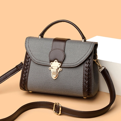 Sac À Main Rétro Femmes PU Cuir Twill Tissu Patchwork Sac À Épaule Bandoulière Avec Poignée Verrouillage Tissé