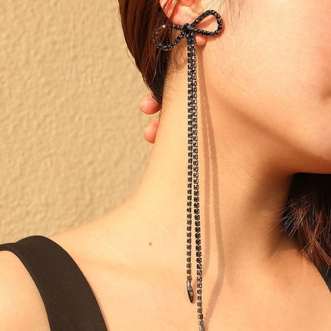 Black Rhinestone Bow Knot Long Tassel Earrings Alloy Sparkling Exaggerated Dangle Ear Jewelry For Women Party Night