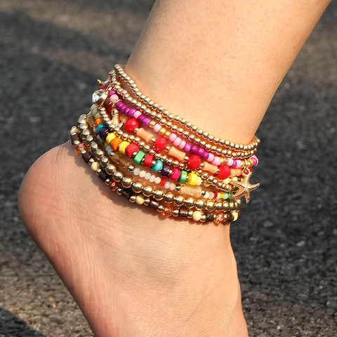 Bohemian Multilayer Anklets Alloy Starfish Shell Wood Beaded Foot Chains Beach Summer Jewelry For Women