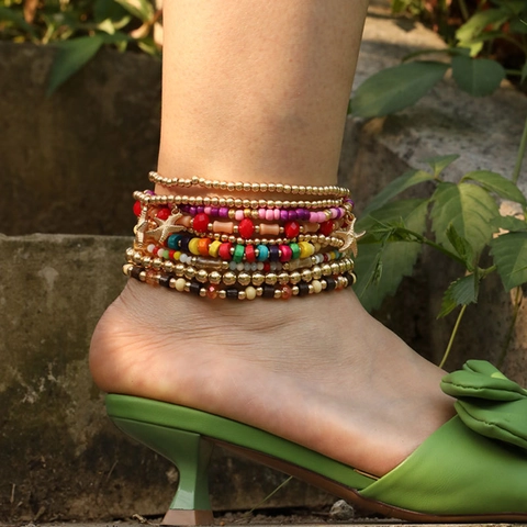 Bohemian Multilayer Anklets Alloy Starfish Shell Wood Beaded Foot Chains Beach Summer Jewelry For Women