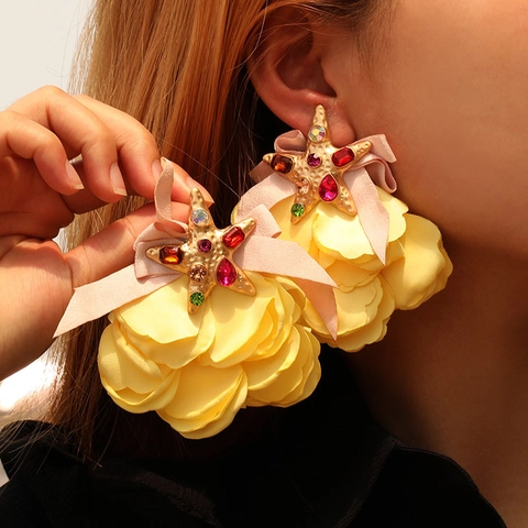 Übergroße Stoffblumen Seestern Ohrhänger Mit Legierung Strass Und Ohrring Post Mode Für Frauen