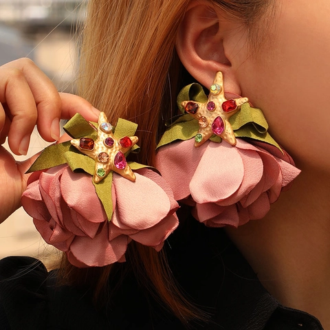 Übergroße Stoffblumen Seestern Ohrhänger Mit Legierung Strass Und Ohrring Post Mode Für Frauen