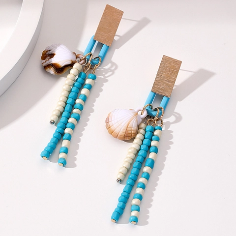 Bohemian Long Tassel Drop Earrings With Acrylic Beads Shell Alloy And Steel Earring Post Summer Beach Style For Women