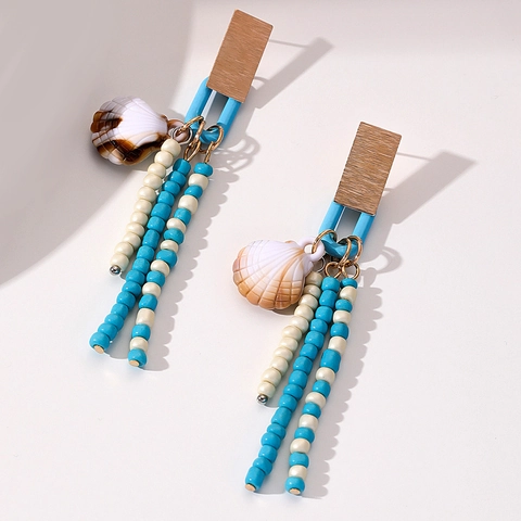 Bohemian Long Tassel Drop Earrings With Acrylic Beads Shell Alloy And Steel Earring Post Summer Beach Style For Women