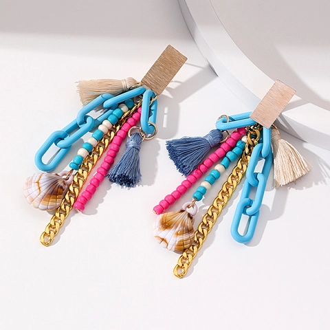 Böhmische Muschel Quasten Ohrringe Lange Hängende Legierung Ketten Acryl Perlen Strand Urlaub Stil Handgefertigter Schmuck