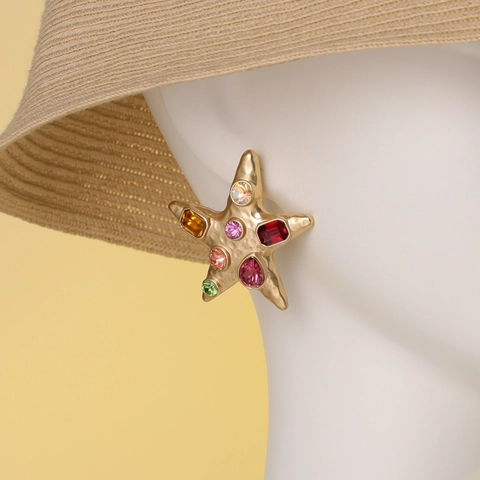 Hammered Starfish Stud Earrings Alloy Colorful Crystal Rhinestone Beach Ocean Style Vintage Gold Fashion Jewelry Women