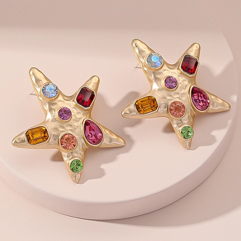 Hammered Starfish Stud Earrings Alloy Colorful Crystal Rhinestone Beach Ocean Style Vintage Gold Fashion Jewelry Women