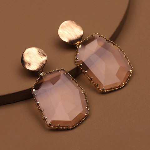 Large Octagon Faceted Glass Crystal Drop Earrings Brushed Alloy Round Stud Stainless Steel Earring Post Geometric Jewelry