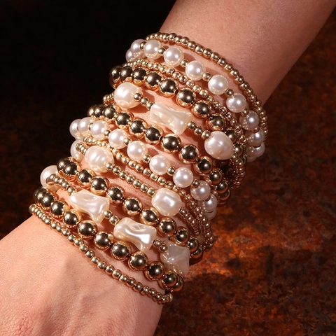 Multi Layer Beaded Bracelet Faux Artificial Pearl Gold Metallic Beads Elastic Stackable Bohemian Beach Jewelry For Women