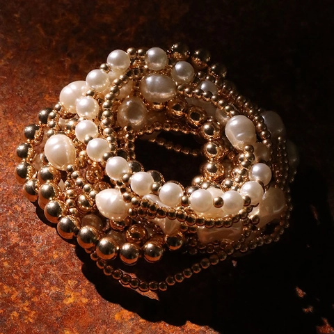 Multi Layer Beaded Bracelet Faux Artificial Pearl Gold Metallic Beads Elastic Stackable Bohemian Beach Jewelry For Women