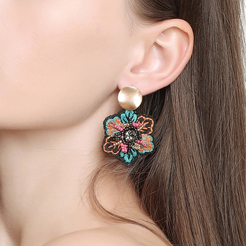 Handmade Embroidery Floral Dangle Earrings Seed Beads Alloy Bohemian Ethnic Jewelry Women Stainless Steel Earring Post
