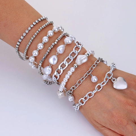 Bracciali Multistrato Da Donna Pendente A Cuore Imitazione Perla Artificial Lega Strass CCB Perline Gioielli Retrò