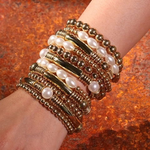 Bracciale Di Perline Multistrato Sovrapponibile Boho Con Perla Artificial Sintetica Turchese E Tubo In Metallo Lega Gioielli Moda Donna