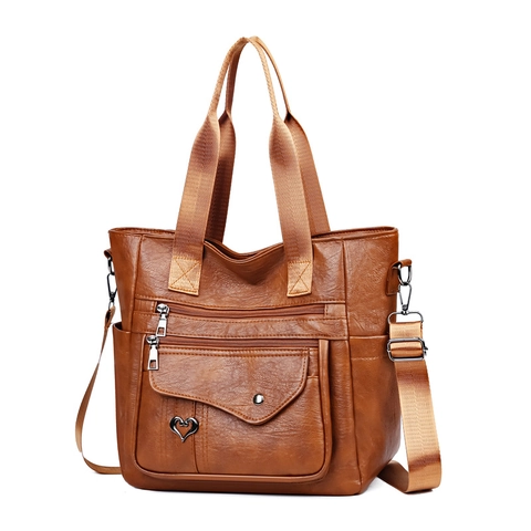 Grote Capaciteit Tote Tas PU Leer Meerdere Zakken Retro Schoudertas Met Hart Hanger En Verstelbare Riem