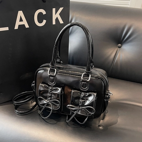 Borsa A Mano Pelle PU Lucida Vintage Fiocco Tasche Anteriori Cuciture A Contrasto Retro Donna Borsa Tracolla Alta Lucentezza