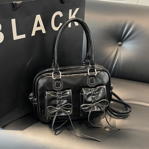 Borsa A Mano Pelle PU Lucida Vintage Fiocco Tasche Anteriori Cuciture A Contrasto Retro Donna Borsa Tracolla Alta Lucentezza
