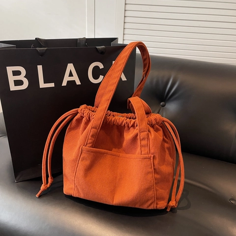 Borsa Totebag da Donna in Velluto a Coste Grande Capacità Coulisse Borsa a Tracolla Retrò Casual Borsa a Mano Con Tasca Frontale Studente