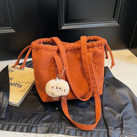 Borsa Totebag da Donna in Velluto a Coste Grande Capacità Coulisse Borsa a Tracolla Retrò Casual Borsa a Mano Con Tasca Frontale Studente